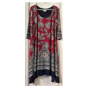 Floral Patterned Red and Navy Dress Size 1X